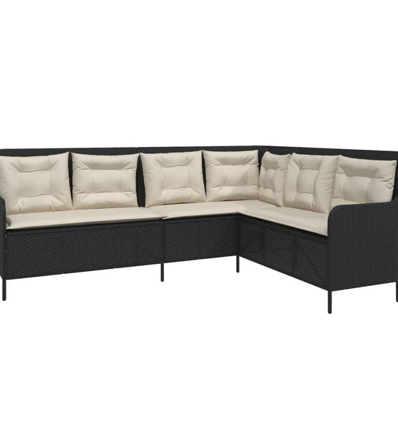 Gartensofa in L-Form mit Kissen Schwarz Poly Rattan