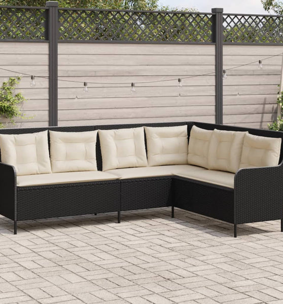 Gartensofa in L-Form mit Kissen Schwarz Poly Rattan