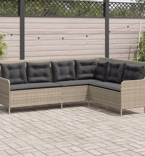 Gartensofa in L-Form mit Kissen Hellgrau Poly Rattan