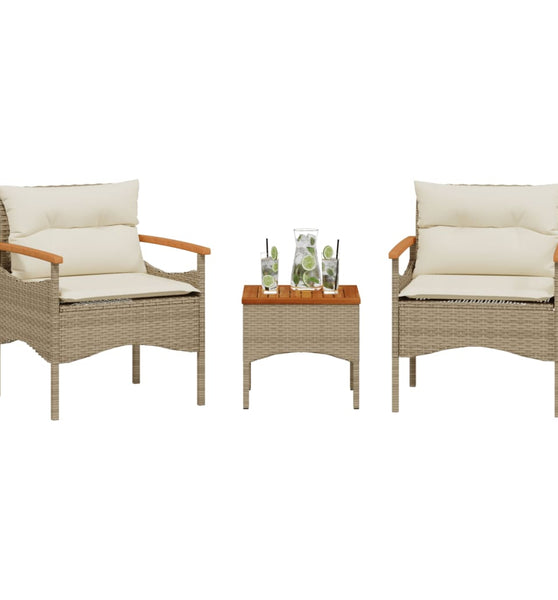 3-tlg. Garten-Sofagarnitur mit Kissen Beige Poly Rattan