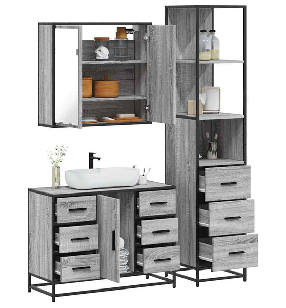 3-tlg. Badmöbel-Set Grau Sonoma Holzwerkstoff