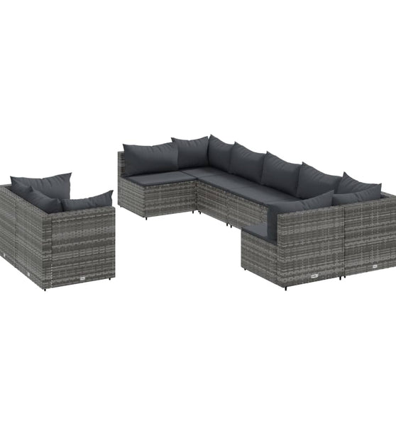 9-tlg. Garten-Sofagarnitur mit Kissen Grau Poly Rattan