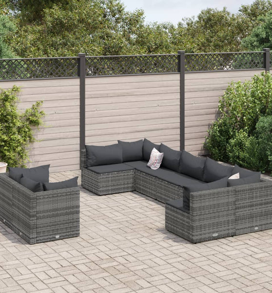 9-tlg. Garten-Sofagarnitur mit Kissen Grau Poly Rattan