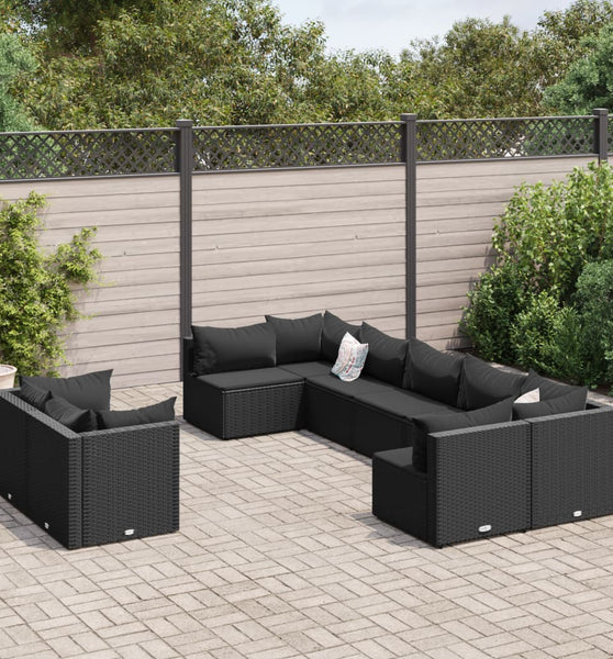 9-tlg. Garten-Sofagarnitur mit Kissen Schwarz Poly Rattan
