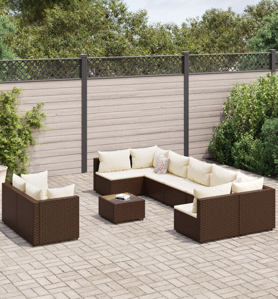 10-tlg. Garten-Sofagarnitur mit Kissen Braun Poly Rattan