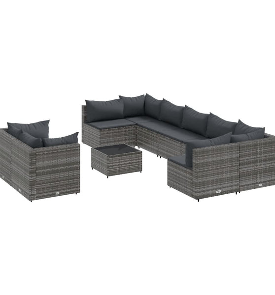 10-tlg. Garten-Sofagarnitur mit Kissen Grau Poly Rattan
