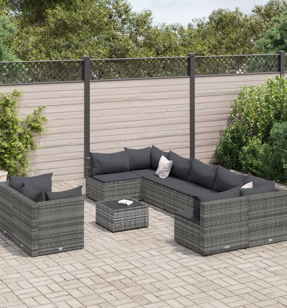 10-tlg. Garten-Sofagarnitur mit Kissen Grau Poly Rattan