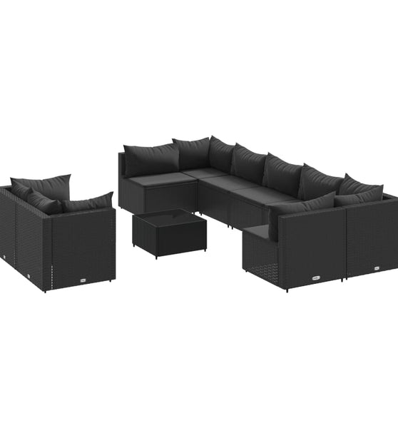 10-tlg. Garten-Sofagarnitur mit Kissen Schwarz Poly Rattan