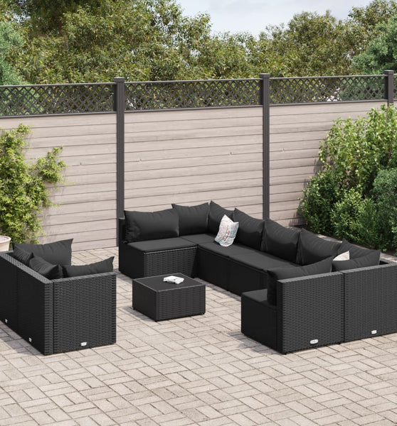 10-tlg. Garten-Sofagarnitur mit Kissen Schwarz Poly Rattan