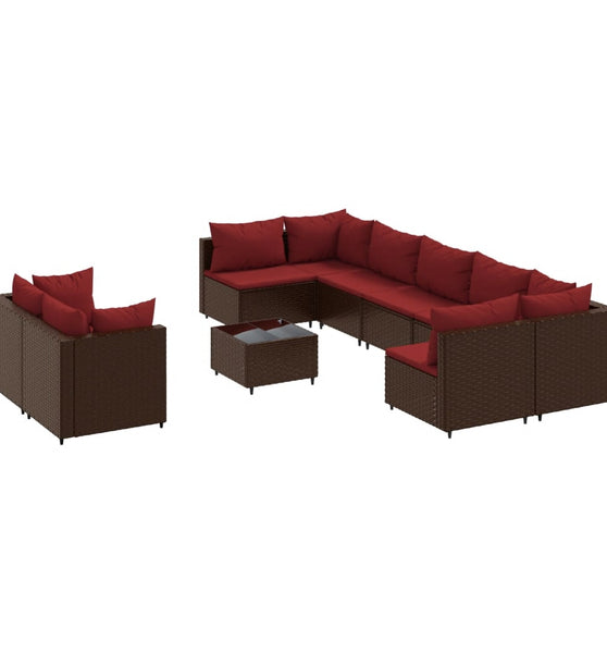 10-tlg. Garten-Sofagarnitur mit Kissen Braun Poly Rattan