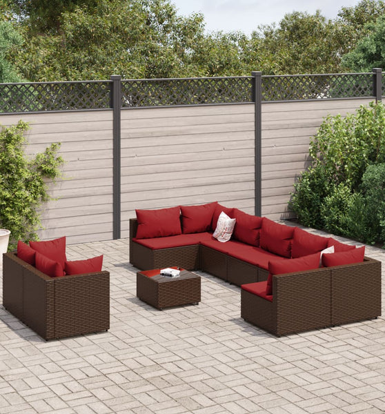 10-tlg. Garten-Sofagarnitur mit Kissen Braun Poly Rattan