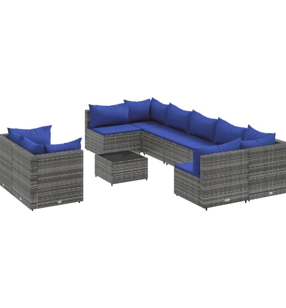 10-tlg. Garten-Sofagarnitur mit Kissen Grau Poly Rattan
