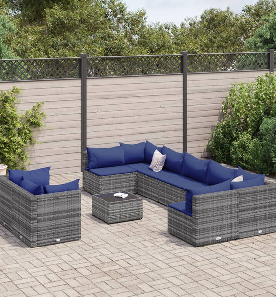 10-tlg. Garten-Sofagarnitur mit Kissen Grau Poly Rattan