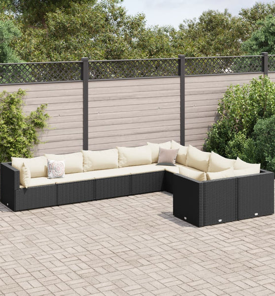 9-tlg. Garten-Sofagarnitur mit Kissen Schwarz Poly Rattan