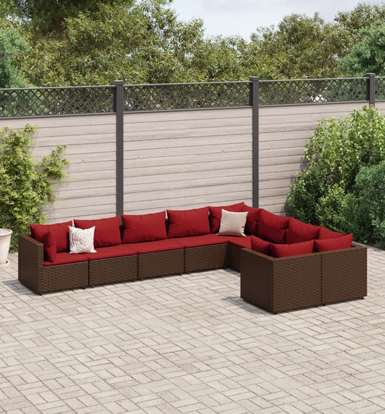 9-tlg. Garten-Sofagarnitur mit Kissen Braun Poly Rattan