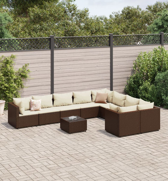 10-tlg. Garten-Sofagarnitur mit Kissen Braun Poly Rattan