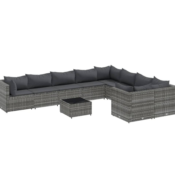 10-tlg. Garten-Sofagarnitur mit Kissen Grau Poly Rattan