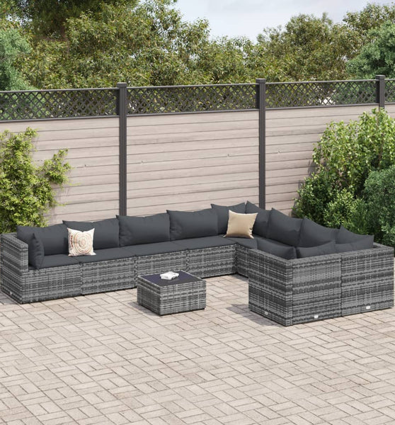 10-tlg. Garten-Sofagarnitur mit Kissen Grau Poly Rattan