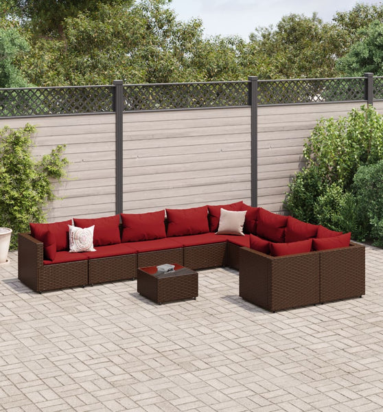10-tlg. Garten-Sofagarnitur mit Kissen Braun Poly Rattan