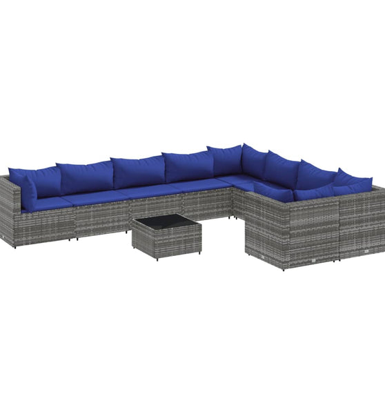 10-tlg. Garten-Sofagarnitur mit Kissen Grau Poly Rattan