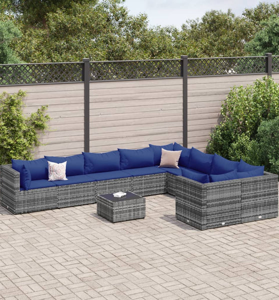 10-tlg. Garten-Sofagarnitur mit Kissen Grau Poly Rattan