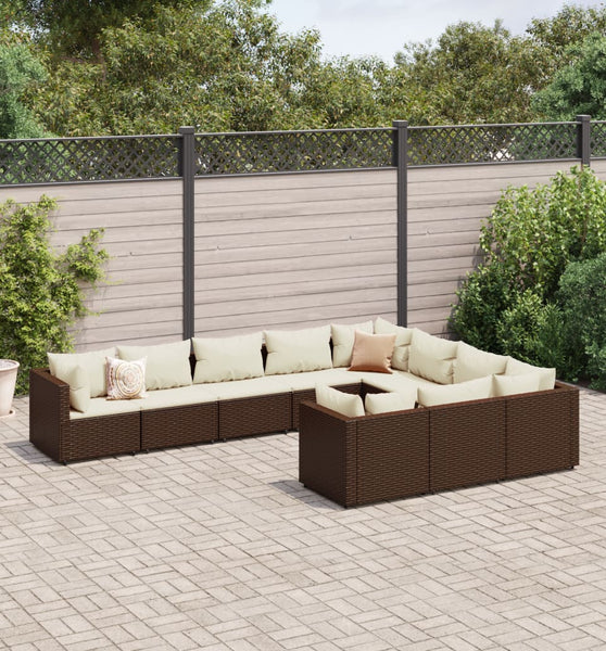10-tlg. Garten-Sofagarnitur mit Kissen Braun Poly Rattan