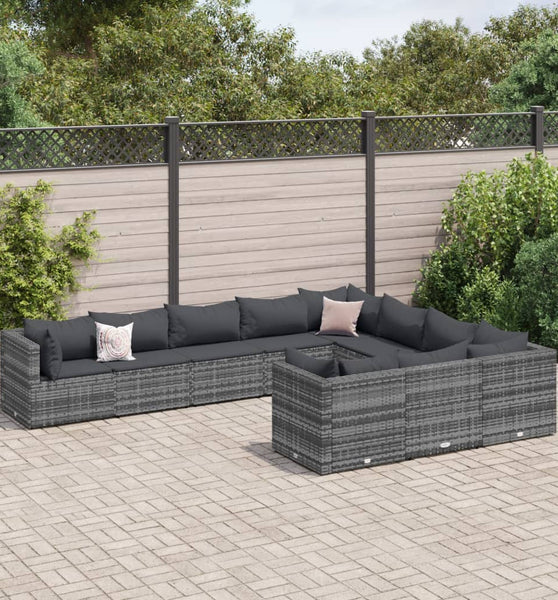 10-tlg. Garten-Sofagarnitur mit Kissen Grau Poly Rattan