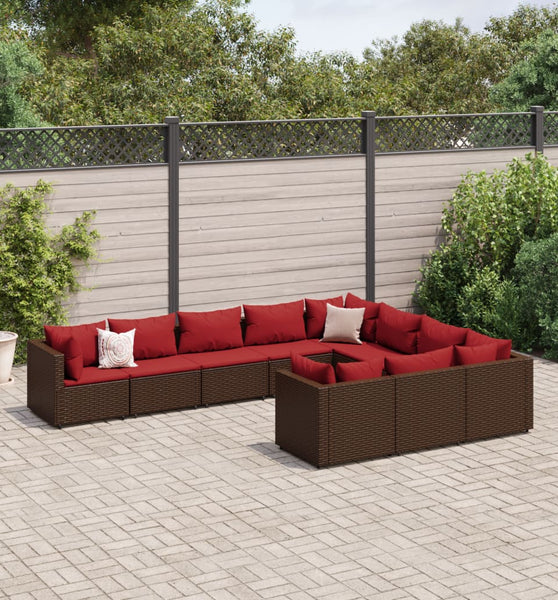 10-tlg. Garten-Sofagarnitur mit Kissen Braun Poly Rattan
