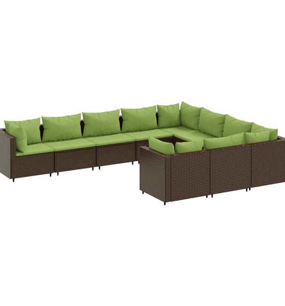 10-tlg. Garten-Sofagarnitur mit Kissen Braun Poly Rattan