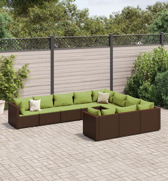 10-tlg. Garten-Sofagarnitur mit Kissen Braun Poly Rattan