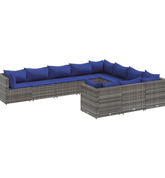 10-tlg. Garten-Sofagarnitur mit Kissen Grau Poly Rattan