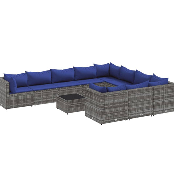 11-tlg. Garten-Sofagarnitur mit Kissen Grau Poly Rattan