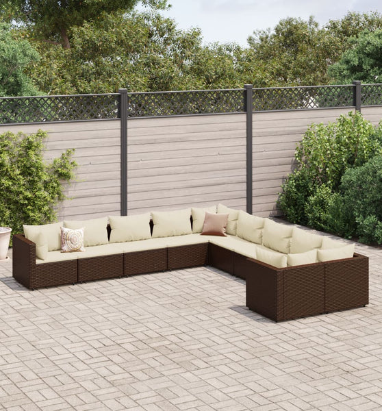 10-tlg. Garten-Sofagarnitur mit Kissen Braun Poly Rattan