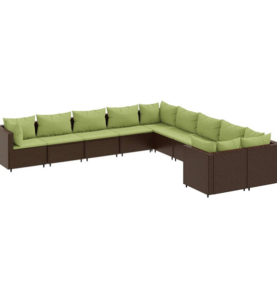 10-tlg. Garten-Sofagarnitur mit Kissen Braun Poly Rattan