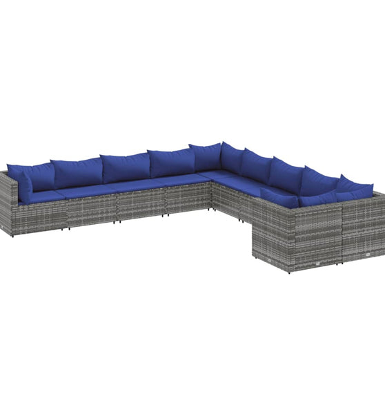 10-tlg. Garten-Sofagarnitur mit Kissen Grau Poly Rattan