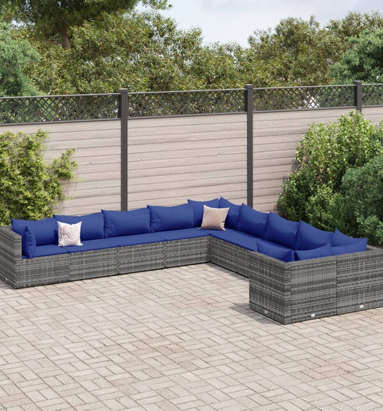10-tlg. Garten-Sofagarnitur mit Kissen Grau Poly Rattan