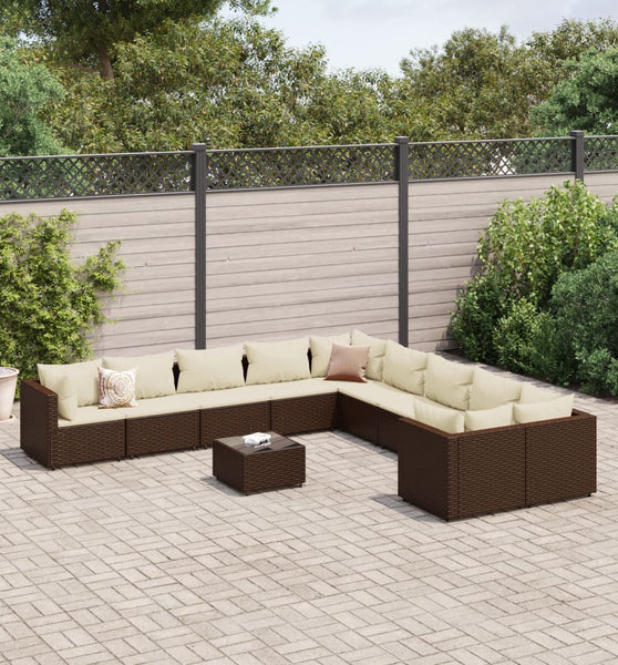 11-tlg. Garten-Sofagarnitur mit Kissen Braun Poly Rattan