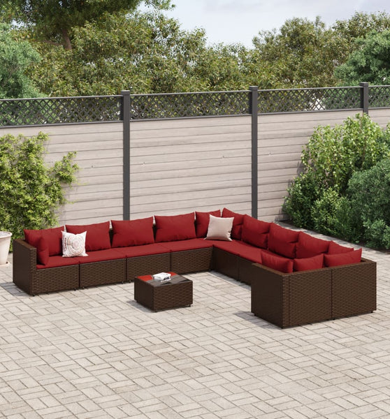 11-tlg. Garten-Sofagarnitur mit Kissen Braun Poly Rattan