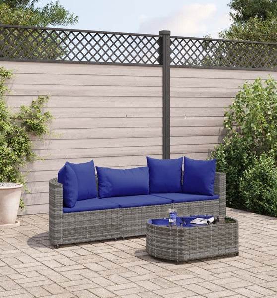 4-tlg. Garten-Sofagarnitur mit Kissen Grau Poly Rattan