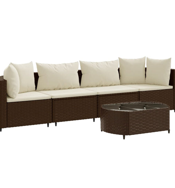 5-tlg. Garten-Sofagarnitur mit Kissen Braun Poly Rattan