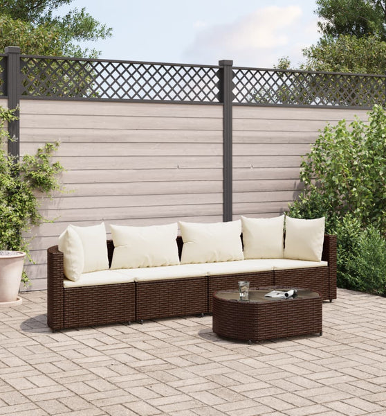 5-tlg. Garten-Sofagarnitur mit Kissen Braun Poly Rattan