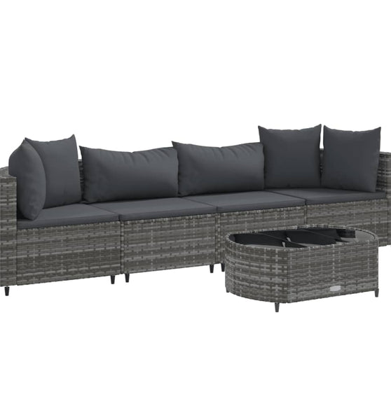 5-tlg. Garten-Sofagarnitur mit Kissen Grau Poly Rattan