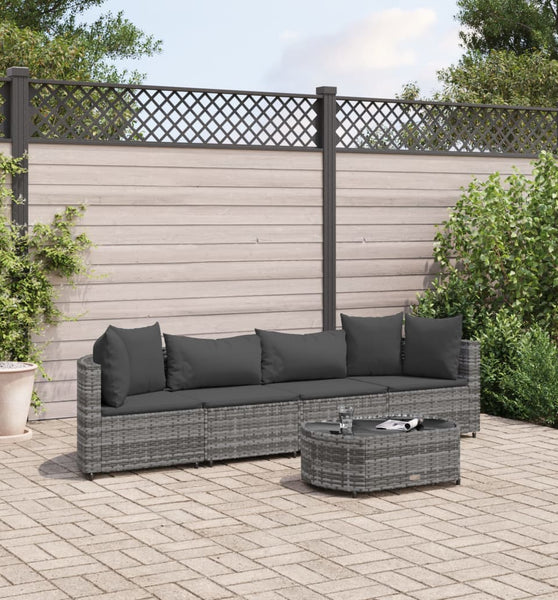5-tlg. Garten-Sofagarnitur mit Kissen Grau Poly Rattan