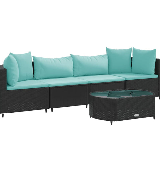 5-tlg. Garten-Sofagarnitur mit Kissen Schwarz Poly Rattan