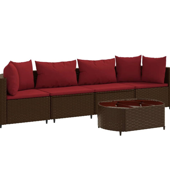 5-tlg. Garten-Sofagarnitur mit Kissen Braun Poly Rattan