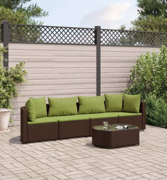5-tlg. Garten-Sofagarnitur mit Kissen Braun Poly Rattan