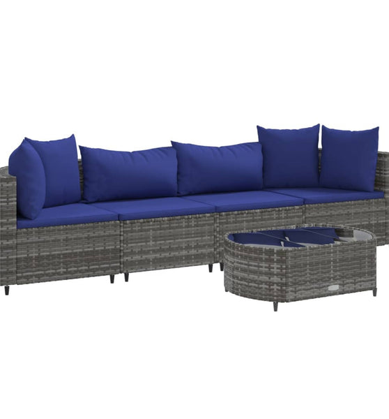 5-tlg. Garten-Sofagarnitur mit Kissen Grau Poly Rattan