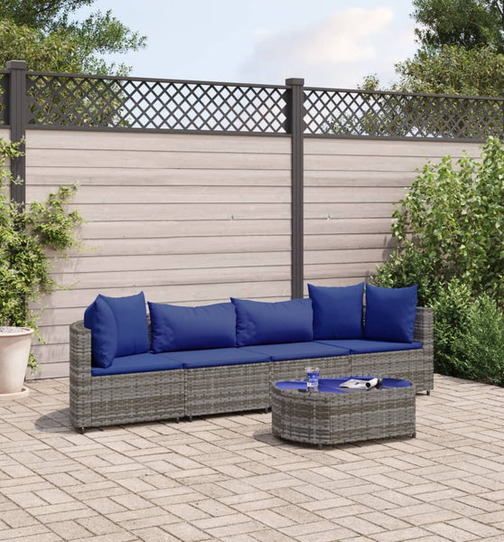5-tlg. Garten-Sofagarnitur mit Kissen Grau Poly Rattan