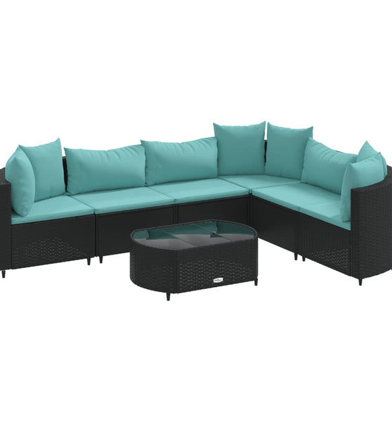 7-tlg. Garten-Sofagarnitur mit Kissen Schwarz Poly Rattan