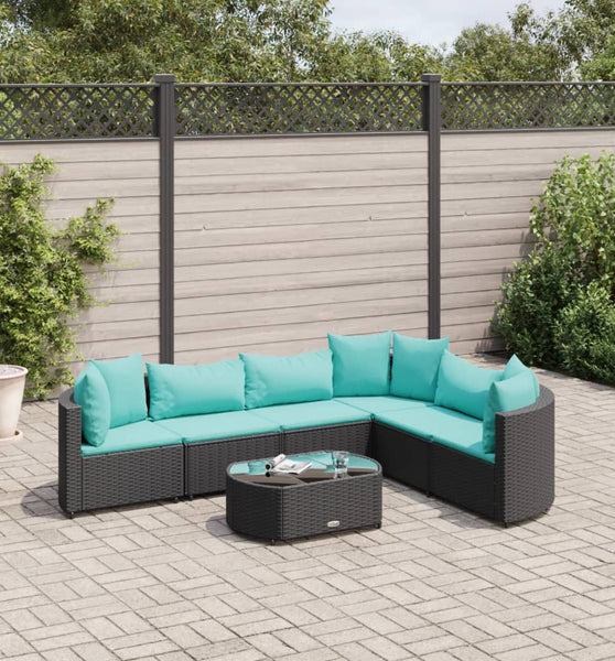7-tlg. Garten-Sofagarnitur mit Kissen Schwarz Poly Rattan
